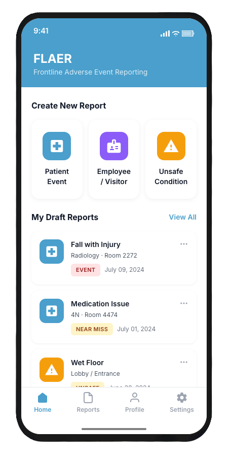 FLAER home screen showing event categories and draft reports