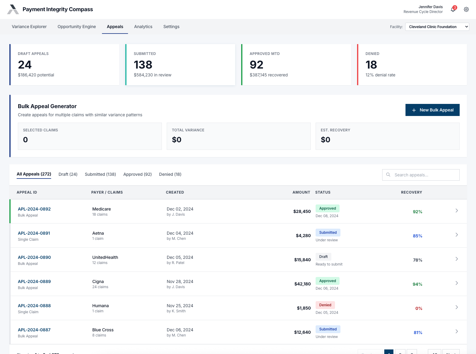 PIC Appeals Management Dashboard - showing bulk appeal generation and status tracking