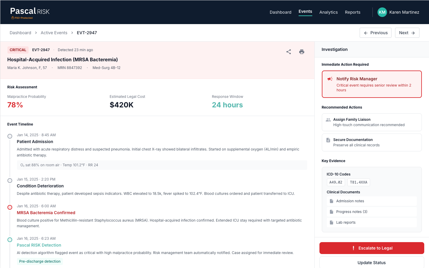 Pascal RISK event investigation interface with timeline, risk assessment, and recommended actions