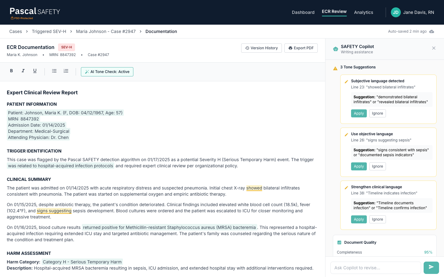 Pascal SAFETY Copilot documentation interface with AI tone suggestions and smart templates